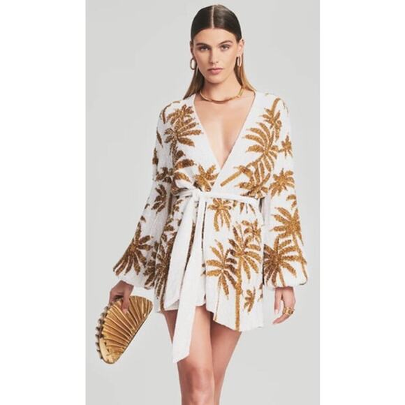 Retrofete Gabrielle Robe Dress Sequin Luxury Palm Robe NWT L - Picture 1 of 11